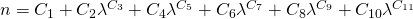 n = C_1 + C_2 \lambda^{C_3}           + C_4 \lambda^{C_5}           + C_6 \lambda^{C_7}          + C_8 \lambda^{C_9}          + C_{10} \lambda^{C_{11}}