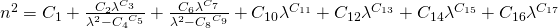 n^2 = C_1        + \frac{C_2 \lambda^{C_3}}{\lambda^2-{C_4}^{C_5}}       + \frac{C_6 \lambda^{C_7}}{\lambda^2-{C_8}^{C_9}}       + C_{10} \lambda^{C_{11}}       + C_{12} \lambda^{C_{13}}       + C_{14} \lambda^{C_{15}}       + C_{16} \lambda^{C_{17}}