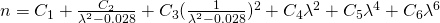 n = C_1 + \frac{C_2}{\lambda^2-0.028}          + C_3 (\frac{1}{\lambda^2-0.028})^2          + C_4 \lambda^2          + C_5 \lambda^4          + C_6 \lambda^6