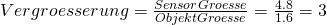Rendered by QuickLaTeX.com Vergroesserung = \frac{SensorGroesse}{ObjektGroesse}= \frac{4.8}{1.6}=3
