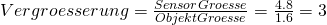 Vergroesserung  = \frac{SensorGroesse}{ObjektGroesse}= \frac{4.8}{1.6}=3