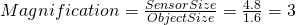 Magnification  = \frac{SensorSize}{ObjectSize}= \frac{4.8}{1.6}=3