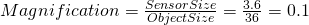 Rendered by QuickLaTeX.com Magnification = \frac{SensorSize}{ObjectSize}= \frac{3.6}{36}=0.1