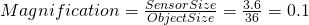 Magnification  = \frac{SensorSize}{ObjectSize}= \frac{3.6}{36}=0.1