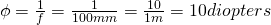 \phi = \frac{1}{f} = \frac{1}{100mm} = \frac{10}{1m} = 10 diopters