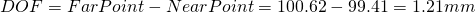 DOF = FarPoint - NearPoint = 100.62 - 99.41 = 1.21mm